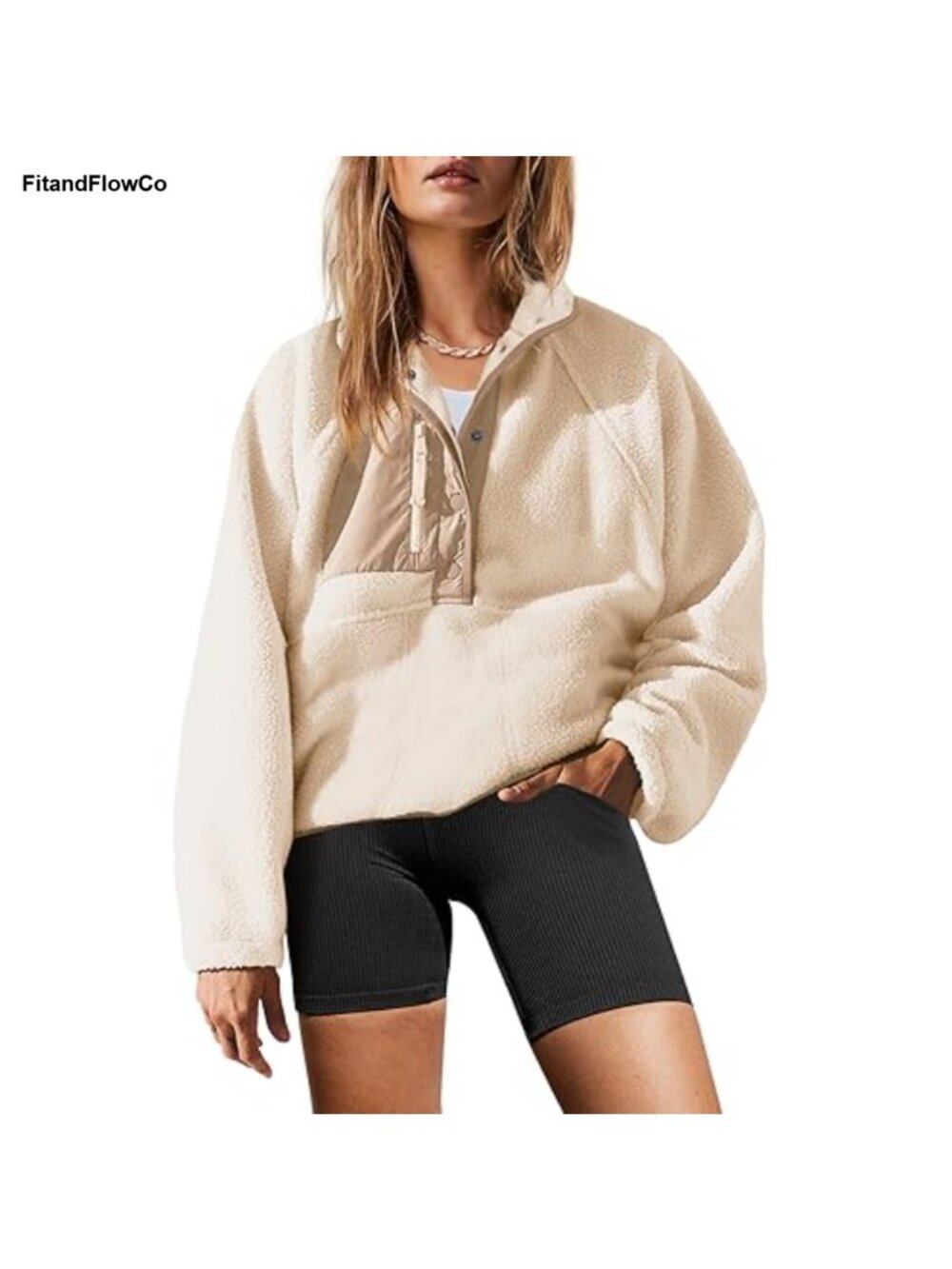 Sherpa Fleece Pullover Sweatshirt Button Down Zip Pockets